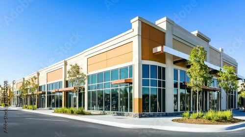 Bright commercial plaza with glass storefronts under blue sky