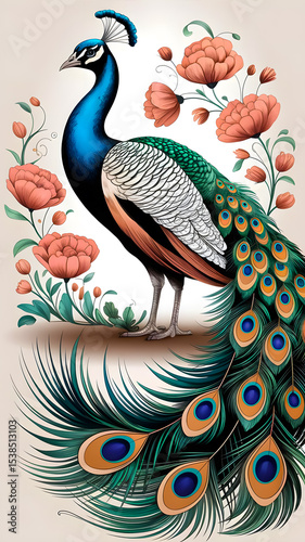 Detailed artwork of a colorful peacock standing gracefully amidst a variety of floral decorations, highlighting its feathers and the intricacy of its surroundings.