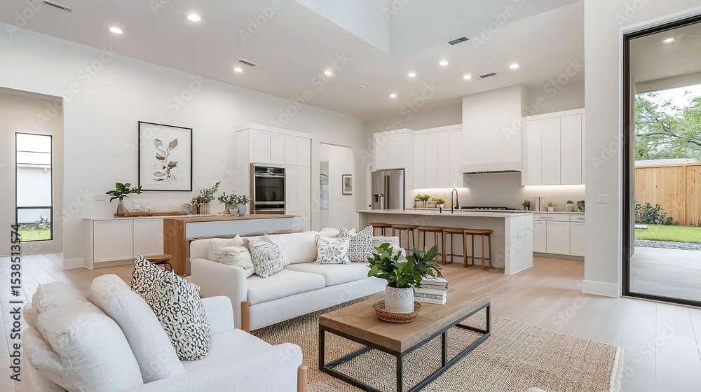 Modern open-concept living room and kitchen with neutral tones, stylish decor, and large windows bringing in natural light. Modern open-concept living room and kitchen with neutral tones, stylish decor, and large windows bringing in natural light.