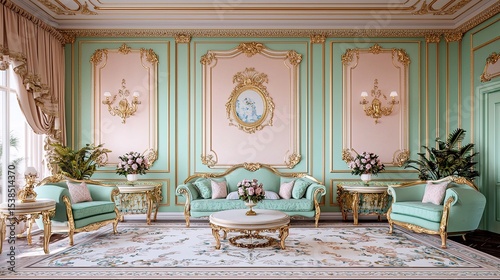 Elegant pastel-green rococo living room with ornate gold accents, plush seating, floral arrangements, and classic wall moldings.