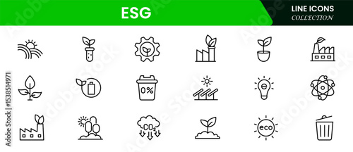 Sustainable vector web line icons depicting ESG principles, environmental care, social responsibility, governance, and ethical business practices.