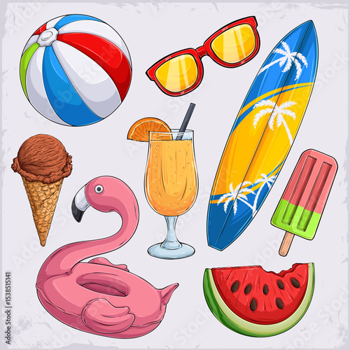 Hand drawn summer accessories, pink flamingo pool float, sunglasses, beach ball, ice cream, surfing board and more