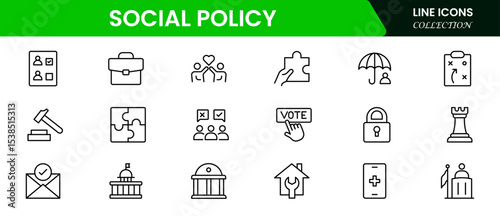 Impactful vector web line icons depicting social policy, welfare, equality, community support, and governance for inclusive societal progress.