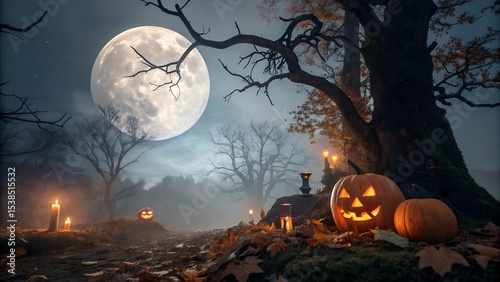 Spooky Halloween Night with Full Moon and Jack-o'-Lanterns