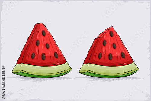Hand drawn couple of juicy delicious red watermelon slices with black seeds, fresh summer fruit half cut