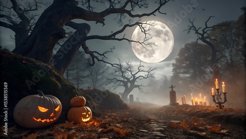 Spooky Halloween Night with Glowing Jack-o'-Lanterns and Full Moon