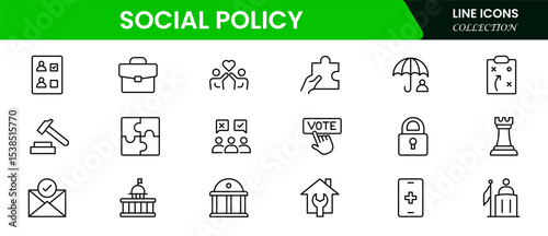 Impactful vector web line icons depicting social policy, welfare, equality, community support, and governance for inclusive societal progress.