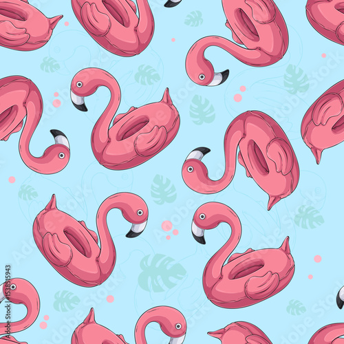 Hand drawn seamless pattern of pinky flamingo inflatable pool floats for kids to enjoy summertime, pool equipment for summer vibes
