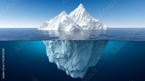 Hidden Depths: An iceberg floats serenely on a calm, crystalline sea, with a significant portion of its mass submerged beneath the surface. Revealing a hidden and massive world.