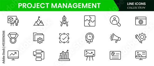 Organized vector web line icons depicting project management, timelines, tasks, collaboration, and efficient workflows for successful project execution.