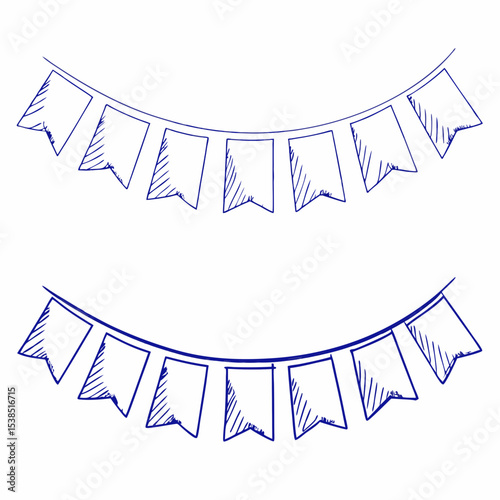 Decorative party bunting flags in hand-drawn style with lines  