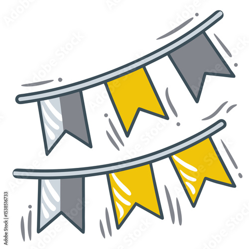 Colorful decorative flags in grey and yellow hanging in a line  