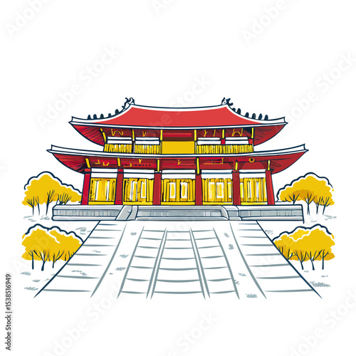 Traditional Asian temple with red roof and yellow trees in autumn  
