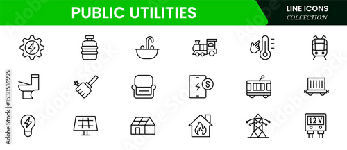 Essential vector web line icons depicting public utilities, water, electricity, gas, infrastructure, and services for community functionality and support.
