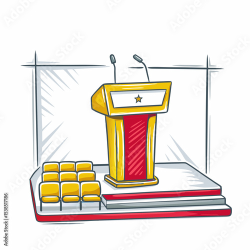 Podium with microphones and empty chairs on stage for presentation  