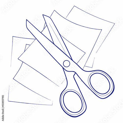 Scissors cutting paper sheets in a simple line drawing style  