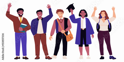 Diverse Group of Students Celebrating Graduation and Academic Success Waving and Smiling with Joyful Expressions Vector Illustration