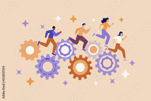 Teamwork and Collaboration People Running on Interlocking Gears Symbolizing Efficiency Progress and Shared Goals in a Business Setting