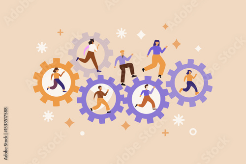 Teamwork and Collaboration Concept with People Running on Gears Illustrating Business Process and Workflow Optimization for Success
