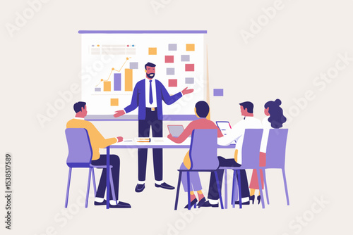 Business Presentation with Diverse Team Man Presenting Data to Colleagues in a Meeting Room with Charts and Graphs