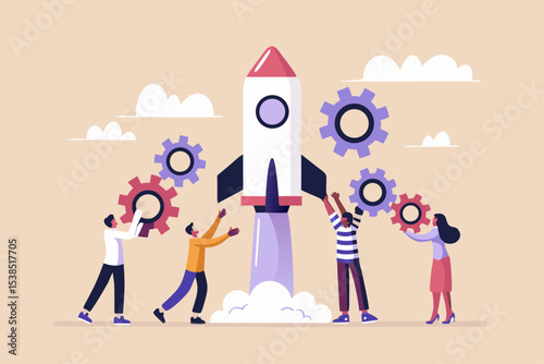 Teamwork and Collaboration Launching a Rocket to Success with People Holding Gears and Clouds in a Flat Vector Illustration