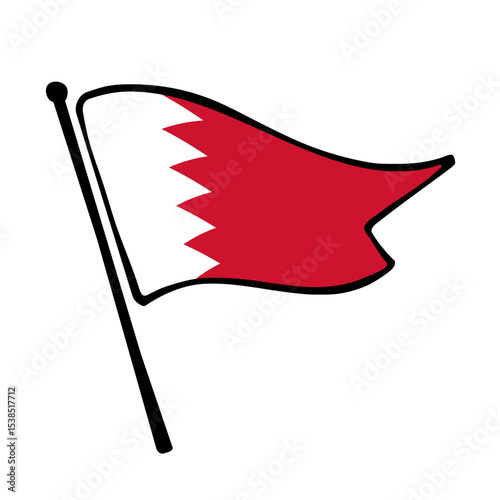 Flag of Bahrain. Bahrain flag vector illustration icon design in the hand-drawn style. Fluttering flagpole flag.