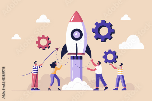 Teamwork and Innovation People Launching a Rocket with Gears Symbolizing Business Startup and Growth with a Collaborative Effort