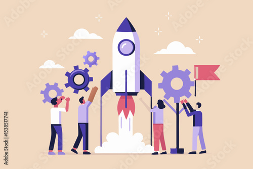 Teamwork and Innovation Launching a Rocket to Success Illustrating Collaboration and Achieving Goals with Vision and Strategy for Business Growth