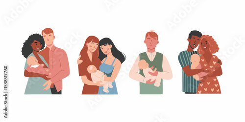Diverse Families with Newborn Babies Illustration Multiracial Parents Holding Infants Modern Flat Vector Design Isolated on White Background