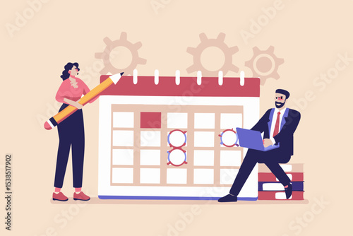 Business Planning and Scheduling Illustration with Calendar People and Gears depicting teamwork and project management for success