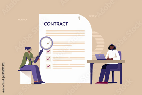 Contract Review and Negotiation with Diverse Business Professionals Legal Agreement Compliance and Due Diligence Modern Flat Vector Illustration