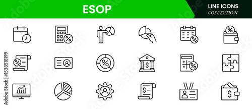 Strategic vector web line icons depicting ESOP, employee ownership, stock plans, benefits, and financial empowerment for workforce engagement.