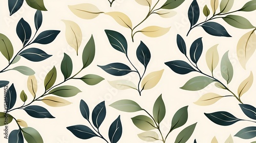Elegant seamless pattern featuring various green and beige leaves on a light background, creating a natural and calming botanical design.