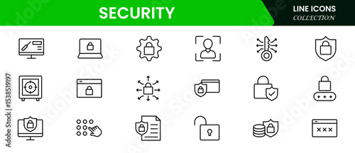 Robust vector web line icons depicting security, cybersecurity, locks, encryption, protection, and safe digital environments for user confidence.