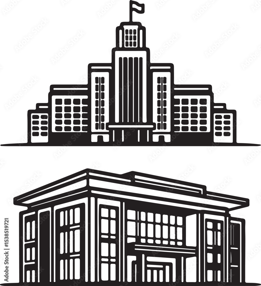 Fototapeta premium Urban city buildings vector illustration with a modern skyscraper skyline silhouette