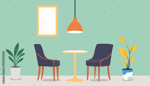 Interior design of living room , Modern Minimalist Interior  Vector Illustration with Cozy Seating and Indoor Plants