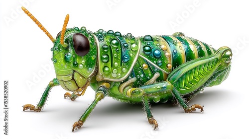 Vibrant Green Grasshopper with Dew Drops