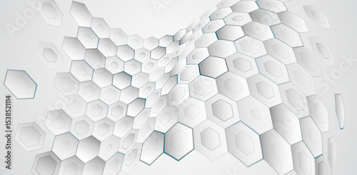 Abstract 3D hexagonal pattern with a smooth wave effect. White and light gray tones create a modern, minimalist tech background for presentations or digital interfaces.