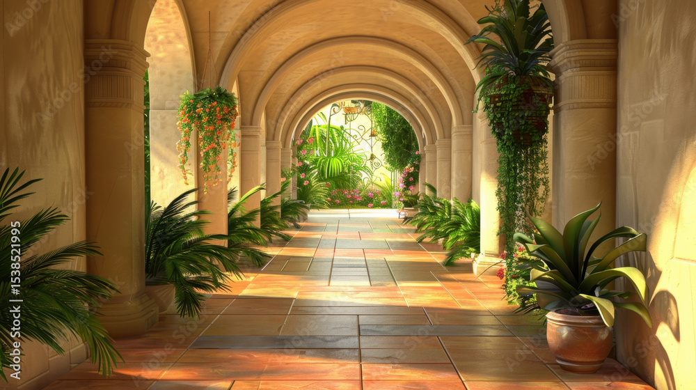 Fototapeta premium Serene hallway with arched doorways, adorned with lush greenery and vibrant plants, creates tranquil atmosphere