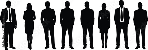 Business team silhouette, men and women, formal office attire, standing in line, professional pose, corporate group vector illustration, isolated
