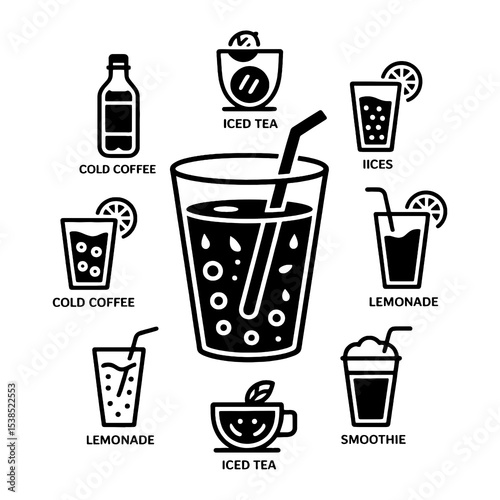 Simple Black and White Illustration of Popular Cold Beverages