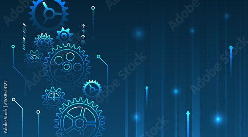A dark blue tech background with colorful gears, diagrams and arrows symbolizing growth, progress and innovation. Suitable for automation, digital solutions and engineering technology themes.