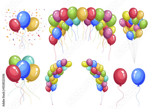 Festive Balloons in Various Arrangements: Bouquets, Arches, and Floating Singles