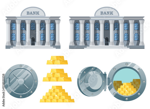 Bank building with gold in a vault, symbolizing financial security.