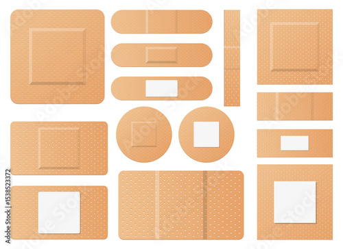 Diverse set of beige bandages for minor wound care and first aid supplies.