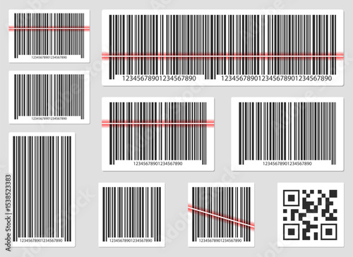 Collection of barcodes and QR codes scanned with red light over light background