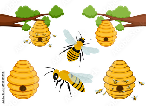 Beehives hanging from tree branches with several bees flying around them.