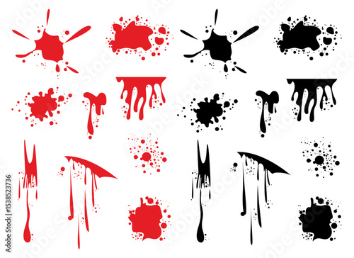 Abstract splatter designs showcasing dynamic red and black colorations.