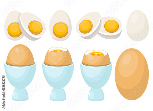 Assorted egg styles, including sliced, whole, and soft-boiled in egg cups.
