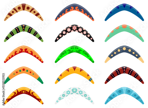 Collection of Decorative Boomerangs in Various Designs and Bright Colors